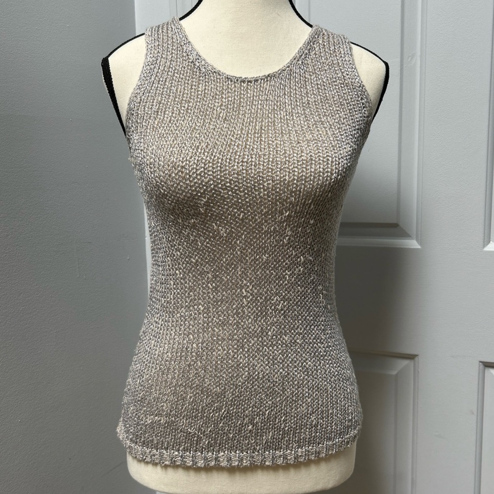 Ann Taylor Loft Women's Sweater Tank Top Beige Silver Gold Thread Detail Size S